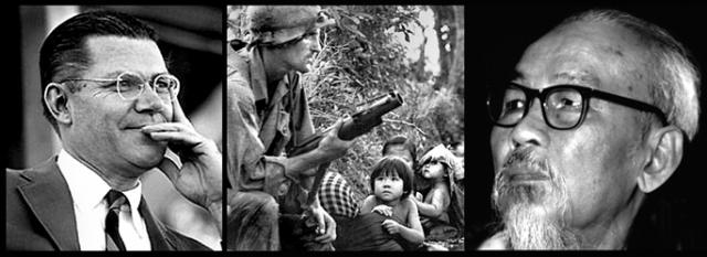 Defense Secretary Robert McNamara, a US soldier and Vietnamese leader Ho Chi Minh